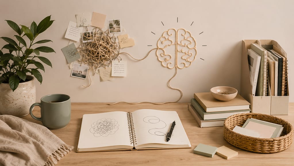 Warm, thoughtfully arranged workspace with notebooks, woven baskets, and branching pathways symbolizing different ways people organize and think.
