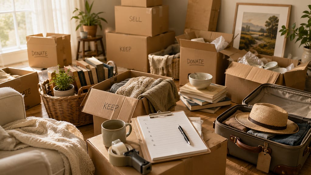 Sunlit room with moving boxes, packed suitcase, organizing supplies, and household items prepared for sorting before a move.