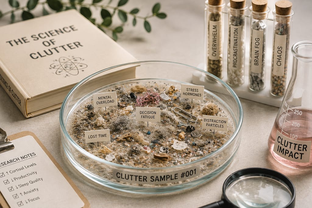 Petri dish filled with household clutter representing the mental and physical effects of clutter.