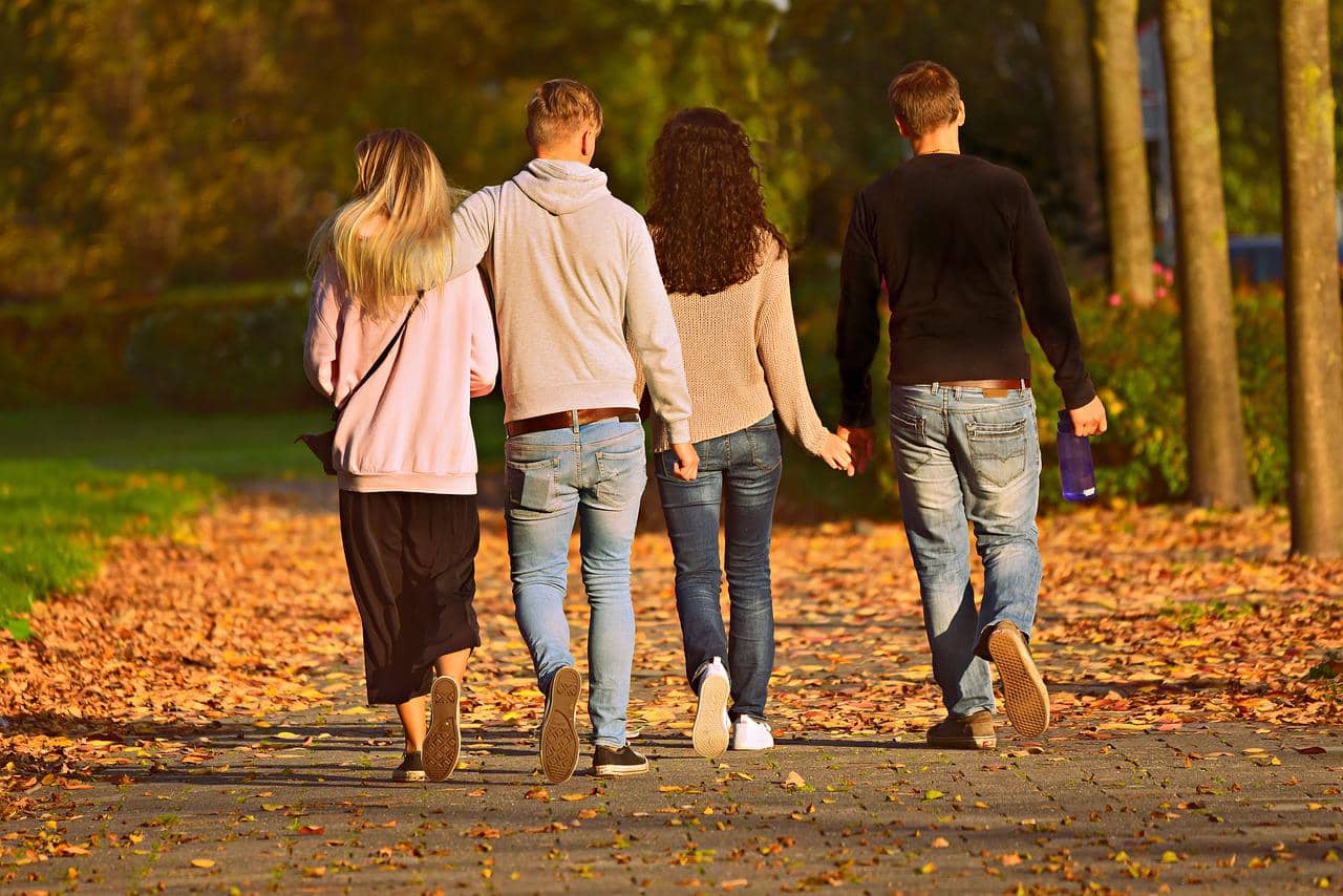 photograph of two couples strolling in a park while holding hands in the autumn time